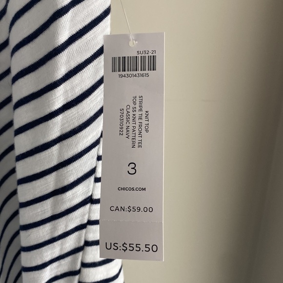 CHICO's Women's Short Sleeve Tie Bottom Striped Top NWT Size 3 (16/18-XL) - Picture 3 of 5